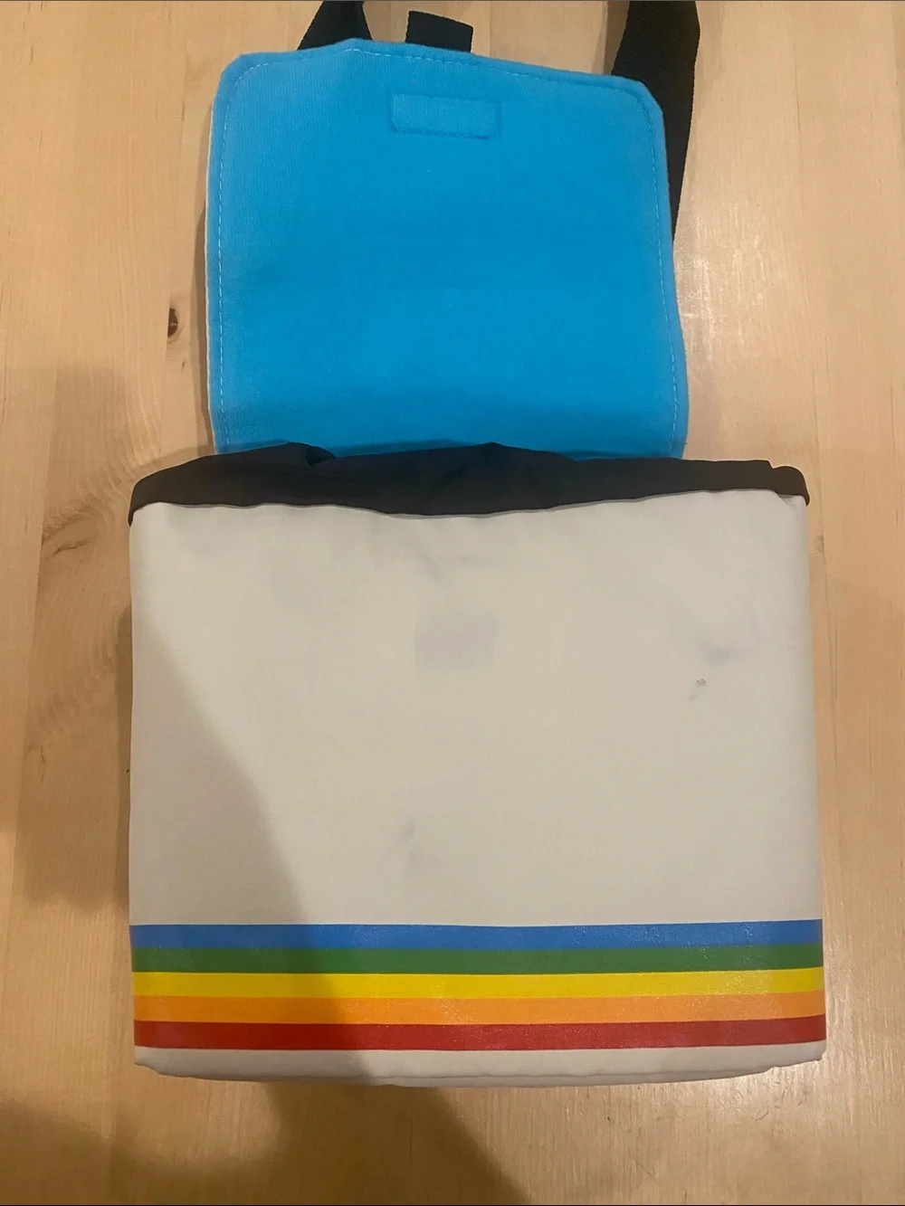 Polaroid White Messenger Bag with Rainbow Stripes and Black Strap
